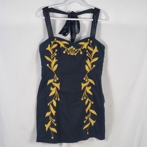 NWT Free People Leaf Motif Mini Dress in Black and Gold - Size 12